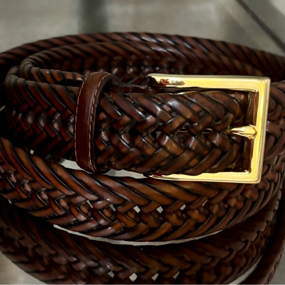 NEW Men's Braided Genuine Brown & Black Leather Belt with Gold Brass Buckle